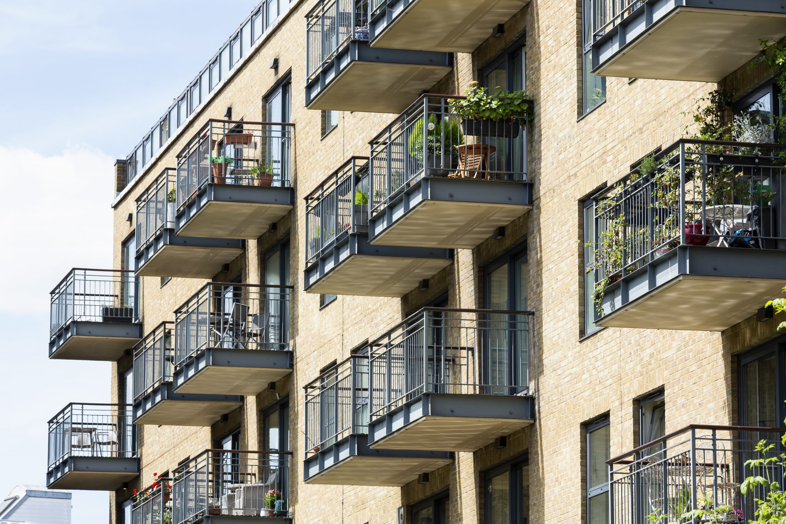 Close-up view of a typical riverside balconies in London